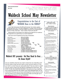 Waldeck School May Newsletter Waldeck Elementary & Junior High School May 3, 2016 #1 Warrior Way, P