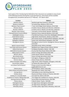 Hard Copies of the 'Introducing the Oxfordshire Plan' Document Are Available to View at Each of the Following Locations Duri