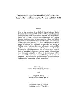 Monetary Policy When One Size Does Not Fit All: Federal Reserve Banks and the Recession of 1920-1921