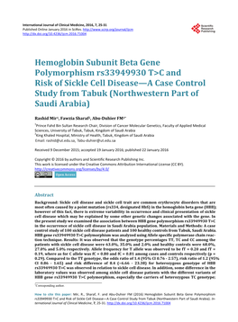 Hemoglobin Subunit Beta Gene Polymorphism Rs33949930 T>C and Risk of Sickle Cell Disease—A Case Control Study from Tabuk (Northwestern Part of Saudi Arabia)