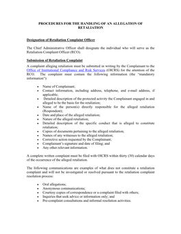 PROCEDURES for the HANDLING of an ALLEGATION of RETALIATION Designation of Retaliation Complaint Officer the Chief Administrativ