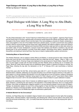 Papal Dialogue with Islam: a Long Way to Abu Dhabi, a Long Way to Peace Written by Mariano P