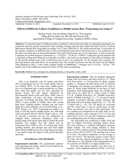 Effects of Different Culture Conditions to Middle-Season Rice “Feng-Liang-You-Xiang-1”