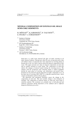 Mineral Composition of Estonian Oil Shale Semi-Coke Sediments R. Mõtlep