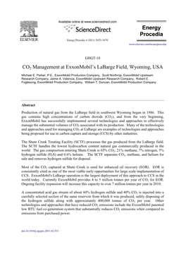 CO2 Management at Exxonmobil’S Labarge Field, Wyoming