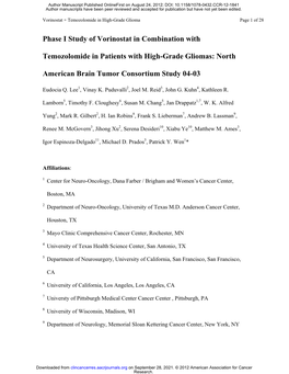 Phase I Study of Vorinostat in Combination with Temozolomide in Patients with High-Grade Gliomas: North American Brain Tumor Consortium Study 04-03