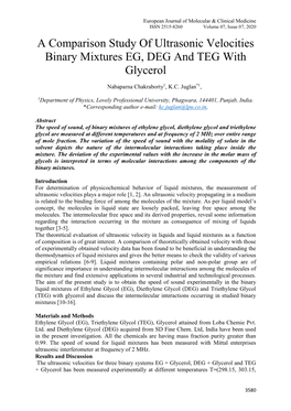 A Comparison Study of Ultrasonic Velocities Binary Mixtures EG, DEG and TEG with Glycerol