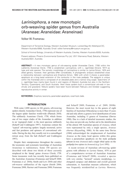 Lariniophora, a New Monotypic Orb-Weaving Spider Genus from Australia (Araneae: Araneidae: Araneinae)