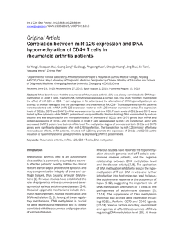 Original Article Correlation Between Mir-126 Expression and DNA Hypomethylation of CD4+ T Cells in Rheumatoid Arthritis Patients