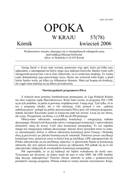 W KRAJU 57(78) Kórnik Kwiecień 2006 ------Wydawnictwo Seryjne, Ukazujące Się W Nieregularnych Odstępach Czasu Pod Redakcją Macieja Giertycha Adres: Ul