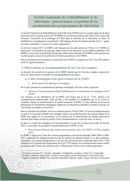 Société Nationale De Radiodiffusion Et De Télévision : Gouvernance Et Gestion De La Production Des Programmes De Télévision