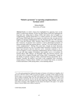 “Relative Pronouns” As Agreeing Complementizers: German Welch- *