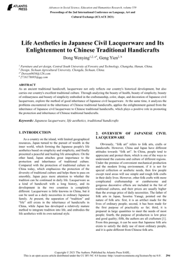 Life Aesthetics in Japanese Civil Lacquerware and Its Enlightenment to Chinese Traditional Handicrafts Dong Wenying1,2, A*, Geng Yien2, B