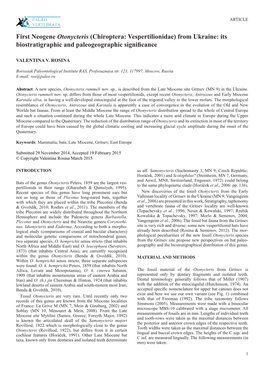 First Neogene Otonycteris (Chiroptera: Vespertilionidae) from Ukraine: Its Biostratigraphic and Paleogeographic Significance