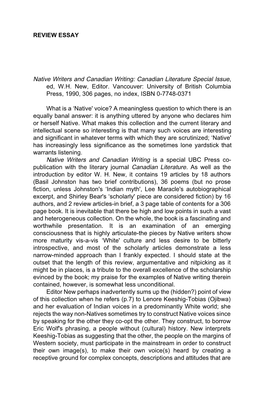 Native Writers and Canadian Writing: Canadian Literature Special Issue, Ed, W.H