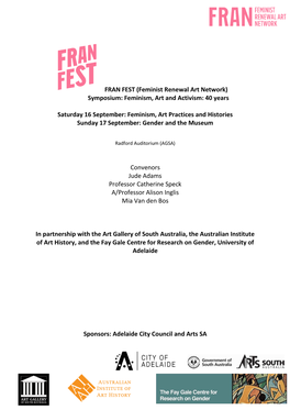 FRAN FEST (Feminist Renewal Art Network) Symposium: Feminism, Art and Activism: 40 Years Saturday 16 September: Feminism, Art Pr