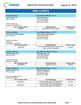 INDUSTRY NOTIFICATION August 16, 2019