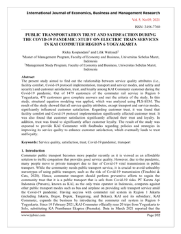 Public Transportation Trust and Satisfaction During the Covid-19 Pandemic: Study on Electric Train Services in Kai Commuter Region 6 Yogyakarta