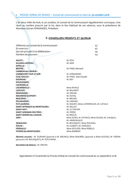 PROCES VERBAL DE SEANCE – Conseil De Communauté En Date Du 30 Octobre 2018