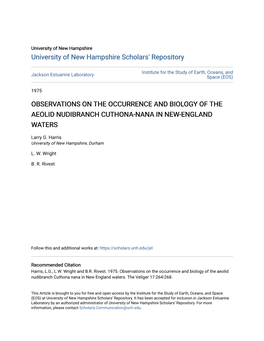 Observations on the Occurrence and Biology of the Aeolid Nudibranch Cuthona-Nana in New-England Waters