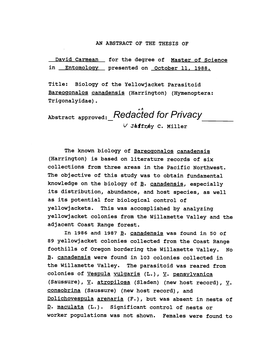 Biology of the Yellowjacket Parasitoid Bareogonalos Canadensis (Harrington) (Hymenoptera: Trigonalyidae)