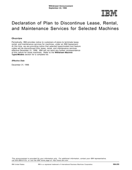 Declaration of Plan to Discontinue Lease, Rental, and Maintenance Services for Selected Machines