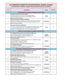 THE ADMISSION COMMITTEE for PROFESSIONAL COURSES, GUJARAT Provisional Seat for Diploma to Degree Pharmacy (Lateral Entry) for Year 2020-21