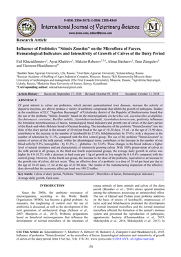 Influence of Probiotics "Stimix Zoostim" on the Microflora of Faeces, Hematological Indicators and Intensitivity of Growth of Calves of the Dairy Period