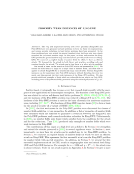 PROVABLY WEAK INSTANCES of RING-LWE 1. Introduction Lattice-Based Cryptography Has Become a Very Hot Research Topic Recently