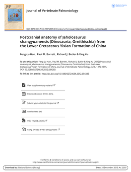 Postcranial Anatomy of Jeholosaurus Shangyuanensis (Dinosauria, Ornithischia) from the Lower Cretaceous Yixian Formation of China