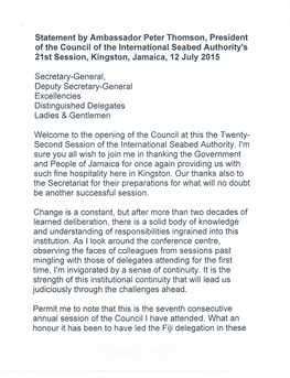 Statement by Ambassador Peter Thomson, President of the Council of the International Seabed Authority's 21St Session, Kingston, Jamaica, 12 July 2015