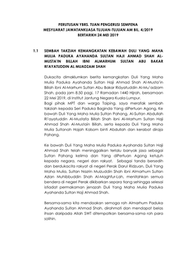 Perutusan Ybrs. Tuan Pengerusi Sempena Mesyuarat Jawatankuasa Tujuan-Tujuan Am Bil. 4/2019 Bertarikh 24 Mei 2019 1.1 Sembah Takz