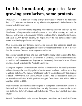 In His Homeland, Pope to Face Growing Secularism, Some Protests