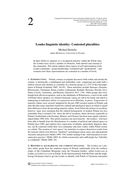 Lemko Linguistic Identity: Contested Pluralities Michael Hornsby Adam Mickiewicz University in Pozna´N