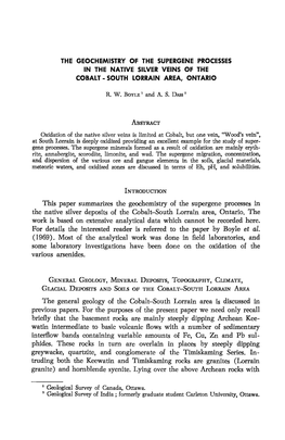 The Geochemistry of the Supergene Processes in the Native Silver Deposits of the Cobalt-South Lorrain Area, Ontario