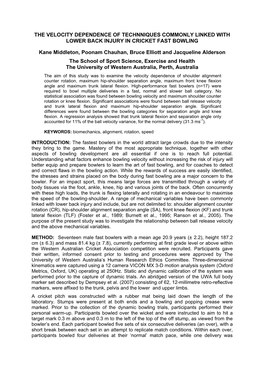The Velocity Dependence of Technniques Commonly Linked with Lower Back Injury in Cricket Fast Bowling