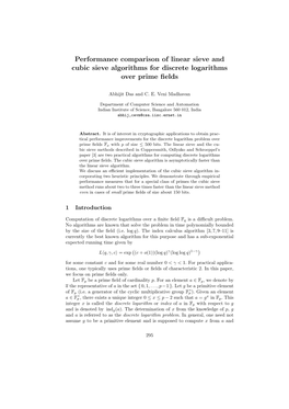 Performance Comparison of Linear Sieve and Cubic Sieve Algorithms for Discrete Logarithms Over Prime ﬁelds