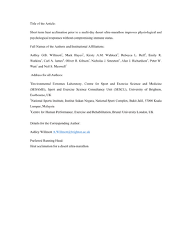 Short Term Heat Acclimation Prior to a Multi-Day Desert Ultra-Marathon Improves Physiological and Psychological Responses Without Compromising Immune Status