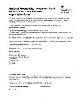 NPIF Local Road Network Application Form, Hinckley Hub Sub-Package