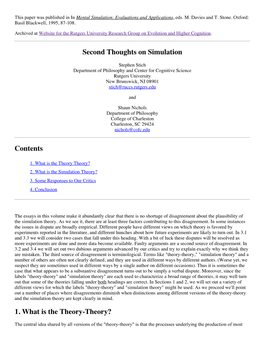 Second Thoughts on Simulation Contents 1. What Is the Theory