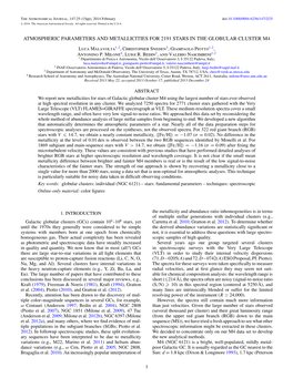 Atmospheric Parameters and Metallicities for 2191 Stars in the Globular Cluster M4