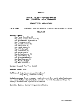 Chair Ray L. Shaw, on January 8, 2019 at 3:00 PM, in Room 137 Capitol