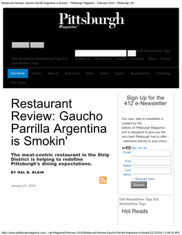 Restaurant Review: Gaucho Parrilla Argentina Is Smokin' - Pittsburgh Magazine - February 2016 - Pittsburgh, PA