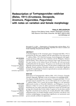 Redescription of Tomopaguroides Valdiviae (Balss, 1911) (Crustacea, Decapoda, Anomura, Paguroidea, Paguridae) with Notes on Variation and Female Morphology