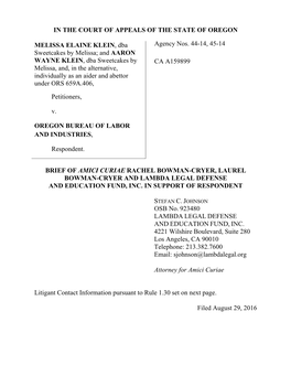 IN the COURT of APPEALS of the STATE of OREGON MELISSA ELAINE KLEIN, Dba Sweetcakes by Melissa; and AARON WAYNE KLEIN, Dba Sweet