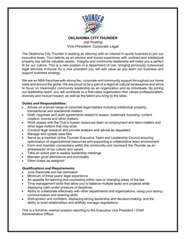 OKLAHOMA CITY THUNDER Job Posting Vice President, Corporate Legal