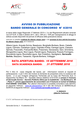 AGENZIA TERRITORIALE PER LA CASA COMUNE DI SERRAVALLE SCRIVIA DEL PIEMONTE SUD Via Milano N