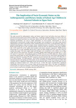 The Implication of Socio Economic Status on the Anthropometric and Dietary Intake of School Age Children in Selected Schools in Ogun State