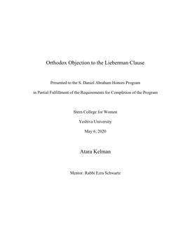 Orthodox Objection to the Lieberman Clause Atara Kelman