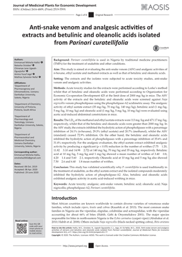 Anti-Snake Venom and Analgesic Activities of Extracts and Betulinic and Oleanolic Acids Isolated from Parinari Curatellifolia